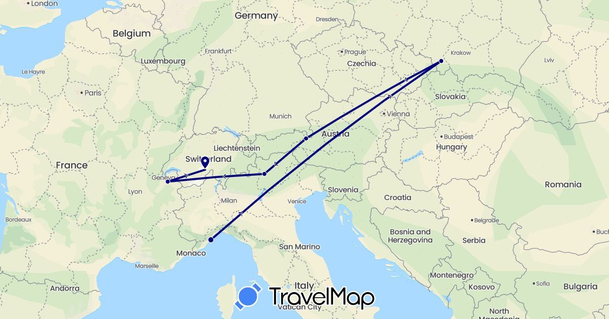 TravelMap itinerary: driving in Austria, Switzerland, France, Italy, Poland (Europe)